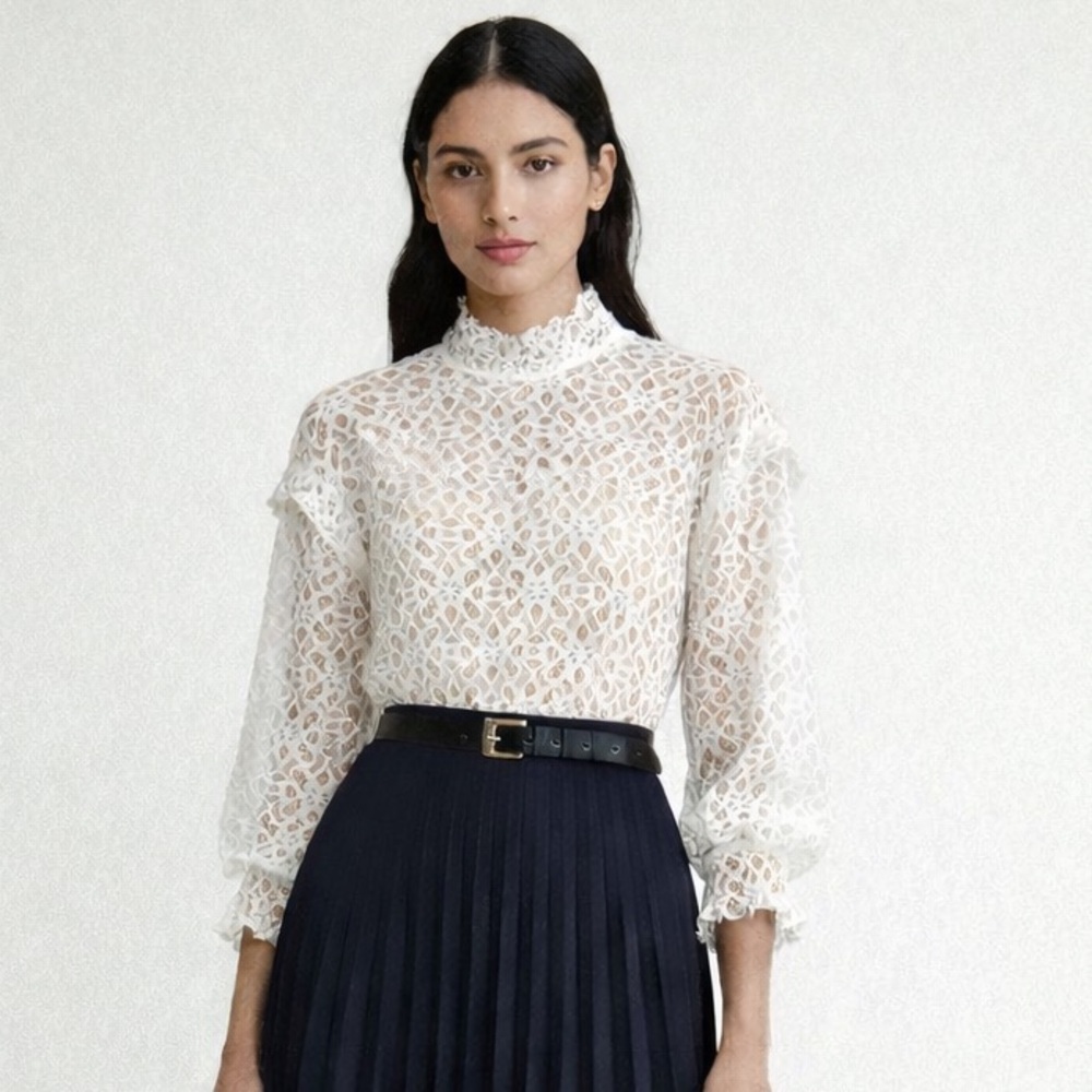 Sandro Paris white lace high collar long sleeve top with gathered cuffs. Size 8